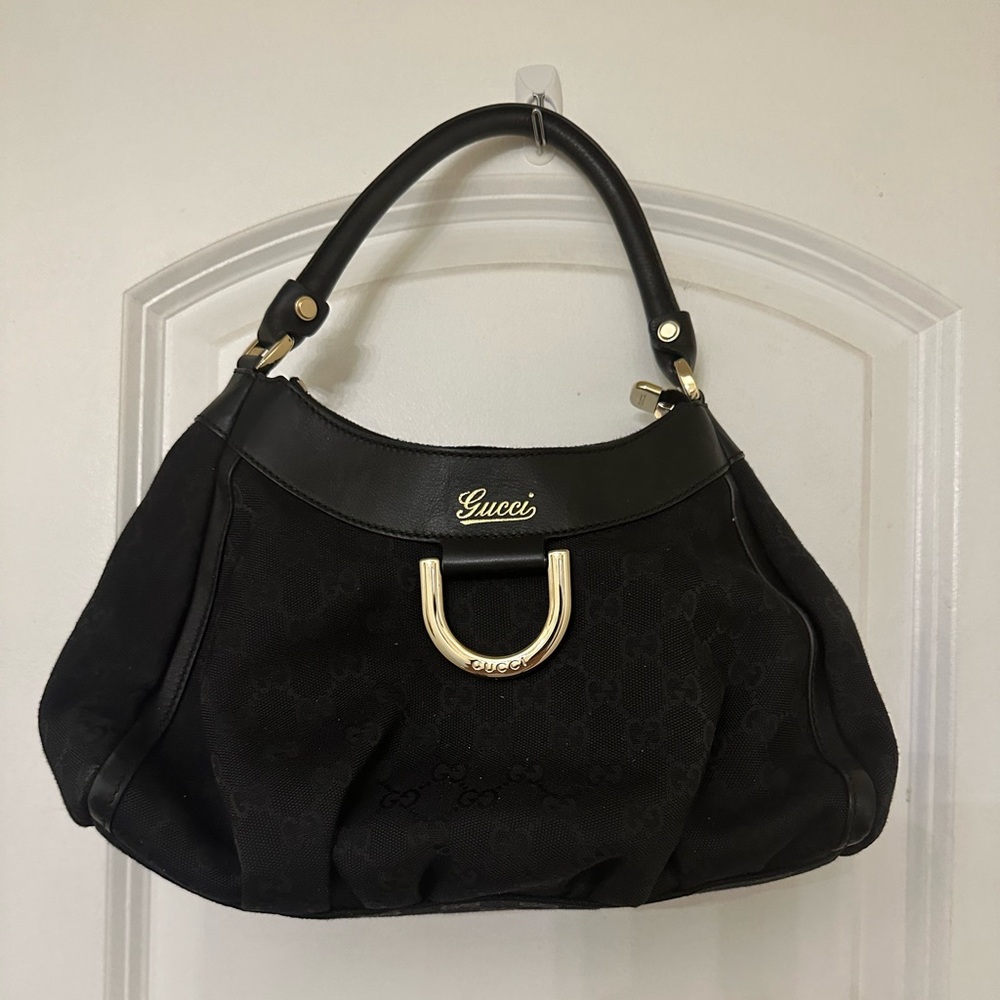 Auth GUCCI Abbey Shoulder Bag Black GG Canvas Leather pre-loved